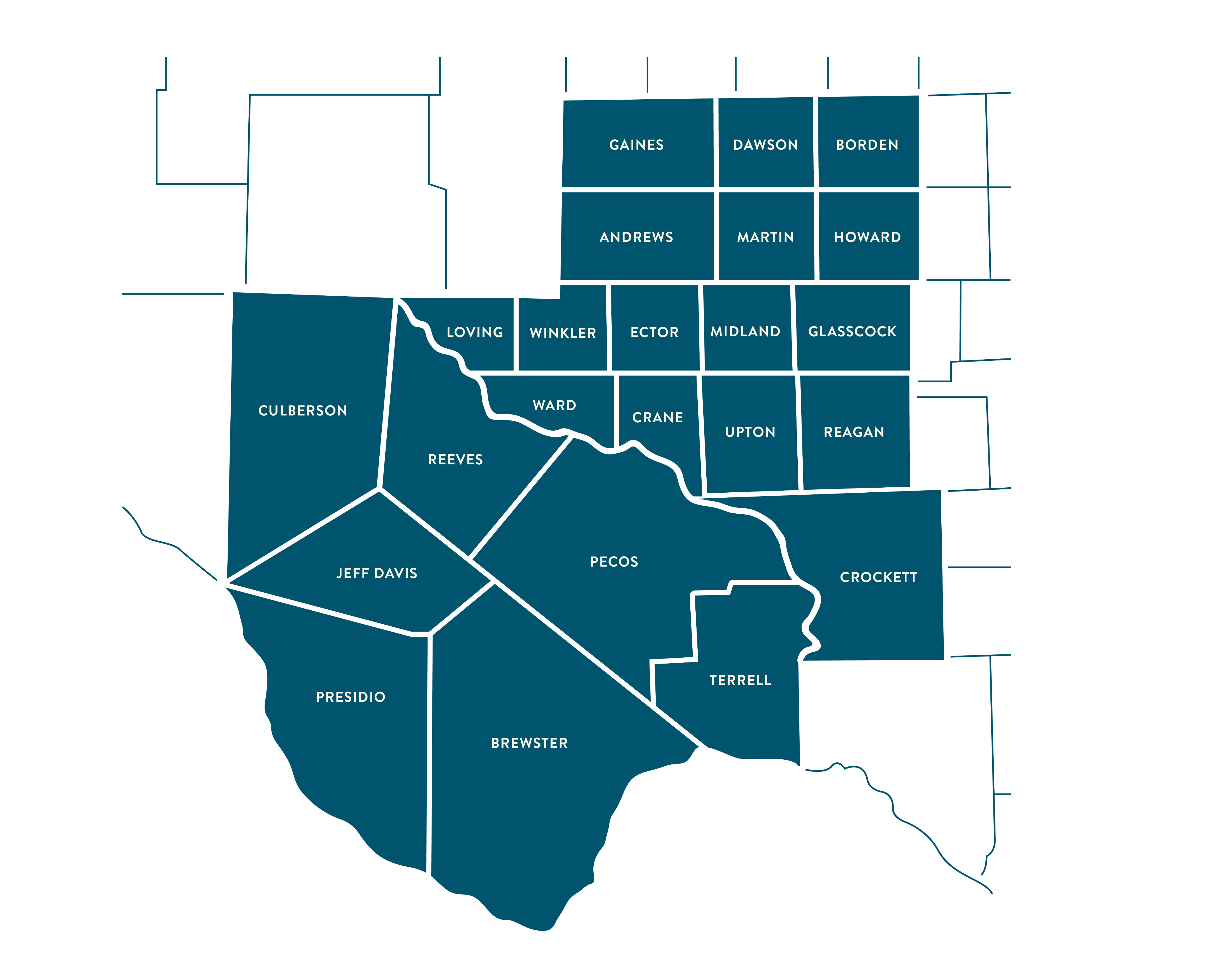 map map of West Texas and TransPecos region served by Permian Basin Area Foundation, including the counties of Culberson, Jeff Davis, Presidio, Reeves, Pecos, Brewster, Terrell, Gaines, Dawson, Borden, Andrews, Martin, Howard, Loving, Winkler, Ector, Midland, Glasscock, Ward, Crane, Upton, Reagan, and Crockett